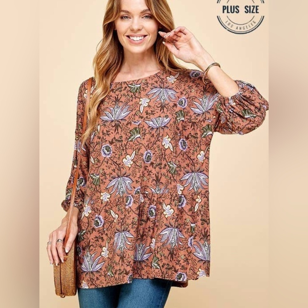 Floral Print Women's Top - Brown plus size New